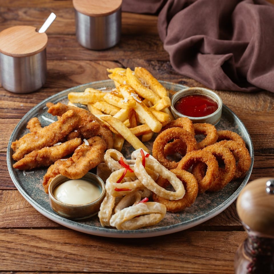 A platter of Redford Fish & Seafood Market's fried fish, calamari, onion rings, and fries with dipping sauces.
