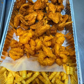 F6. 20 Whole Wings, 20 Jumbo Shrimp, and Large Fries