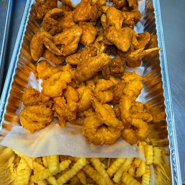 F6. 20 Whole Wings, 20 Jumbo Shrimp, and Large Fries.